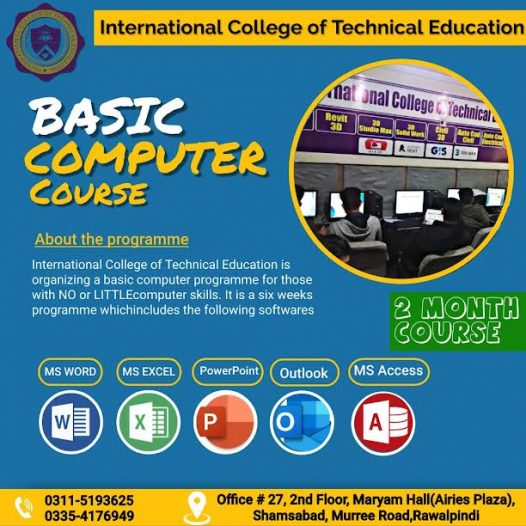 Basic Computer Course in Rawalpindi, Islamabad Pakistan- ICTE